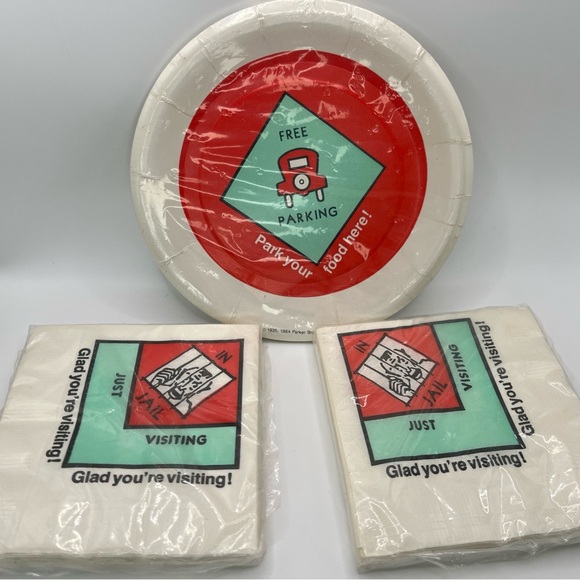 1984 Monopoly Snack Plate & Napkins 3pcs Jail ParkingAmerica Greetings Vintage